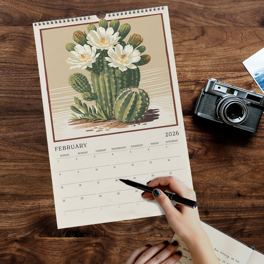 A person's hand is writing in a notebook while holding a pen, with a calendar featuring a cactus illustration on a wooden surface nearby.
