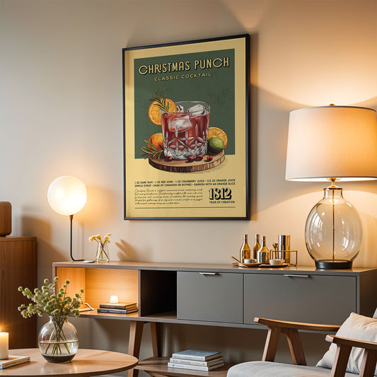 a poster of a Christmas Punch cocktail hanging on a wall in a living room setting.