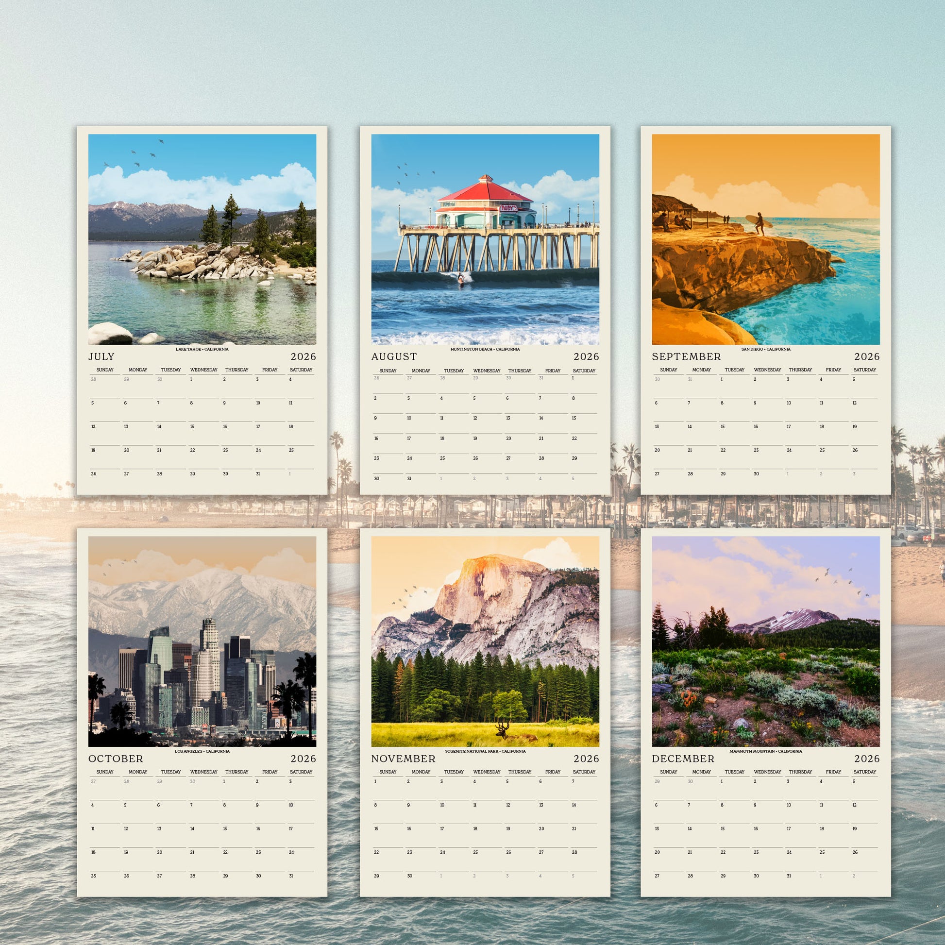 The image is a collage of six calendar pages, each featuring a different landscape or scene from a year. The pages are arranged in a grid, with each page containing a different image. The images depict various landscapes, such as mountains, beaches, and cityscapes, as well as scenes of nature, like forests and wildlife. The calendar pages are designed to showcase the beauty and diversity of the world, providing a visual representation of the passing months and the changing seasons.