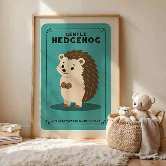 a framed poster of a hedgehog, with a basket of stuffed animals next to it on a rug.