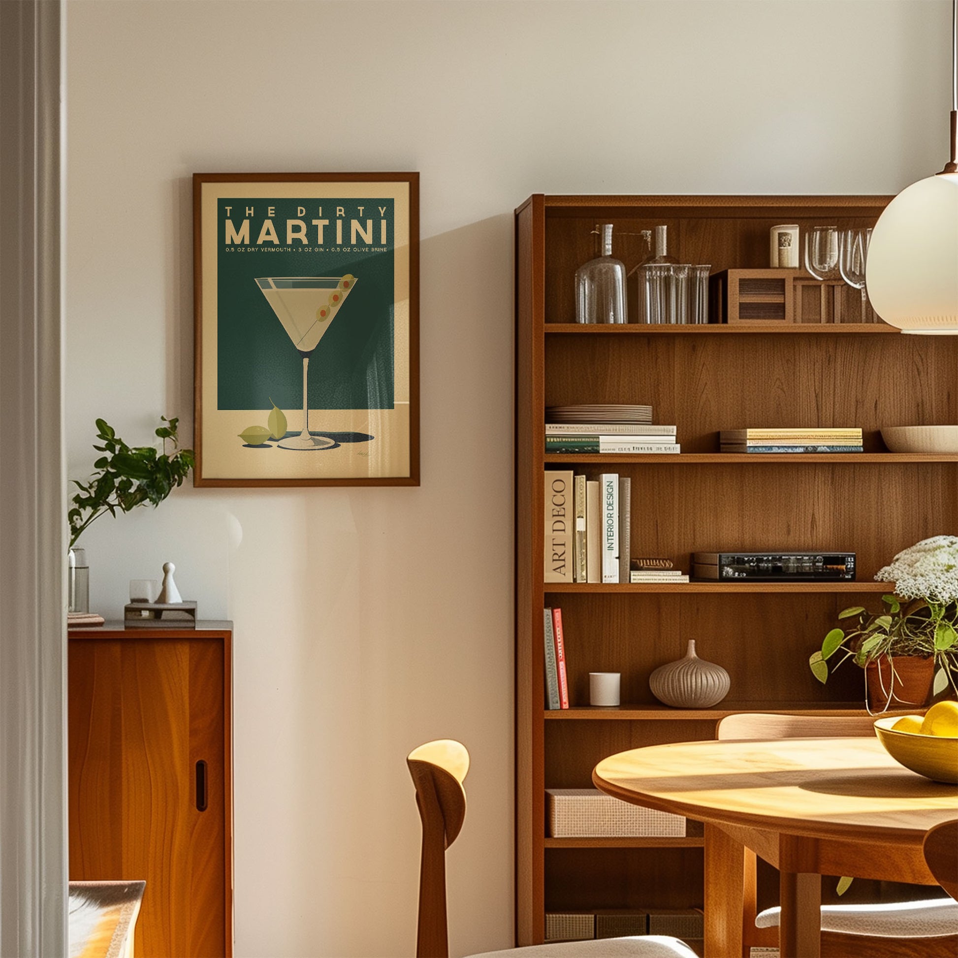 a cozy living room with a wooden bookshelf, a framed poster of a martini glass, and a wooden cabinet. The room has a warm and inviting atmosphere, with natural light streaming in from the window.