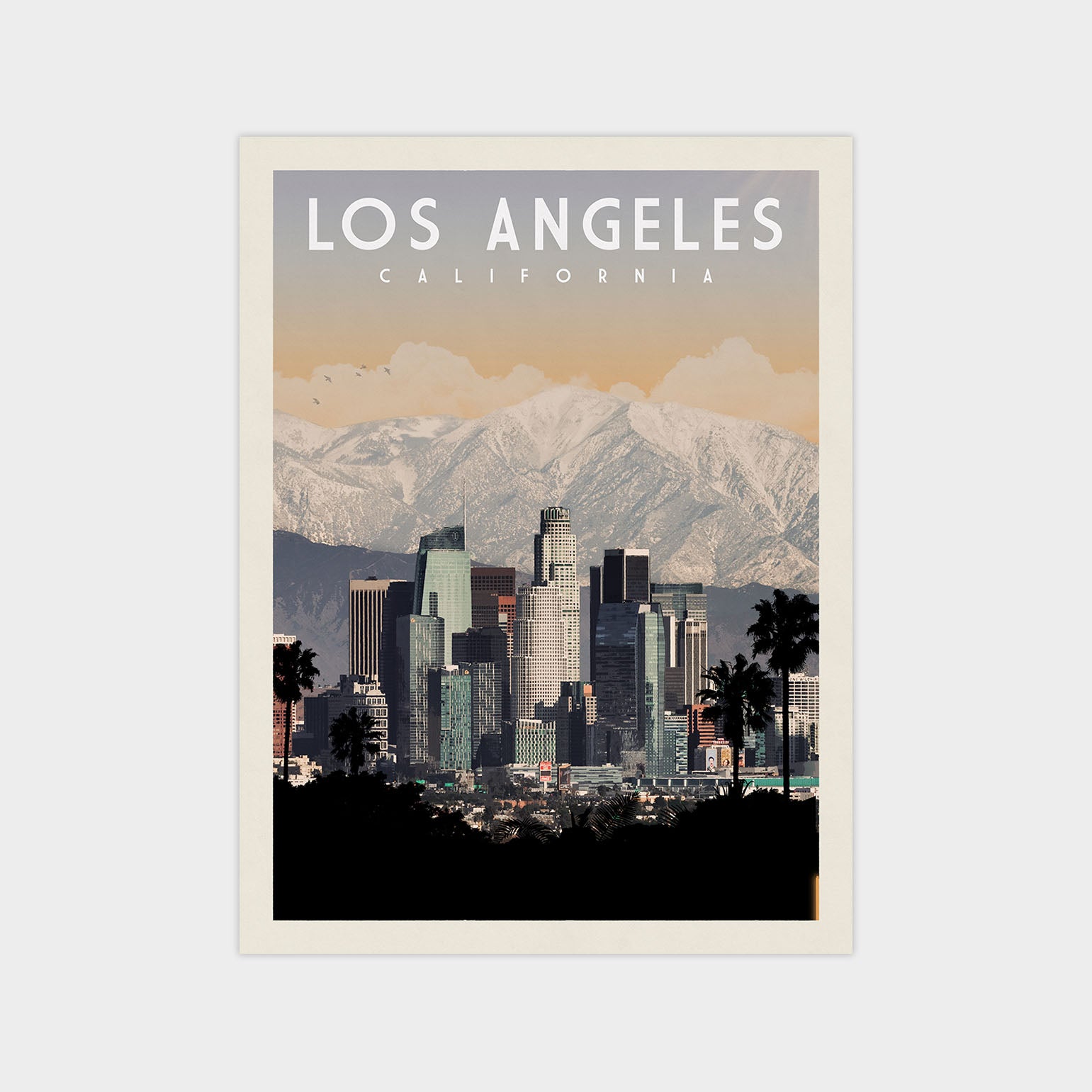 A poster depicting the Los Angeles skyline with mountains in the background, featuring a vintage-style design.