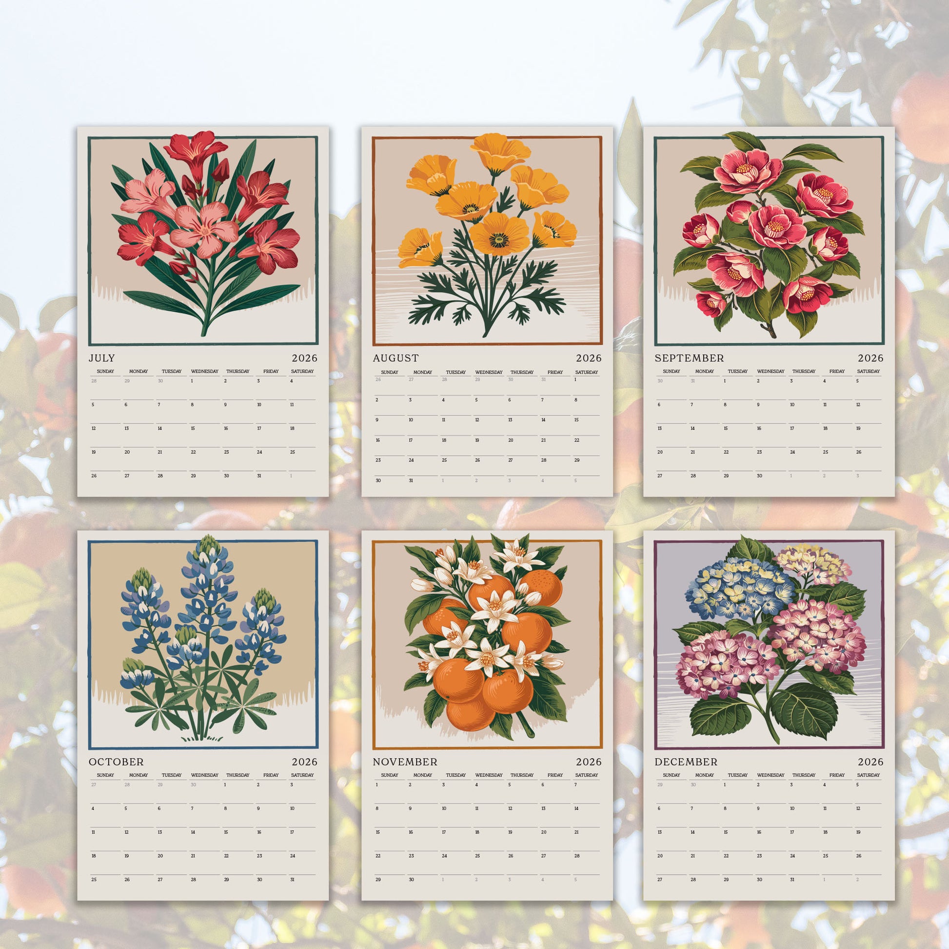 six calendar pages, each featuring a different illustration of flowers and plants. The flowers depicted include red, yellow, and pink flowers, as well as blue, orange, and purple flowers. The plants shown are lilies, hydrangeas, and hibiscus. The calendar pages are arranged in a grid format, with each page containing a different month and year.