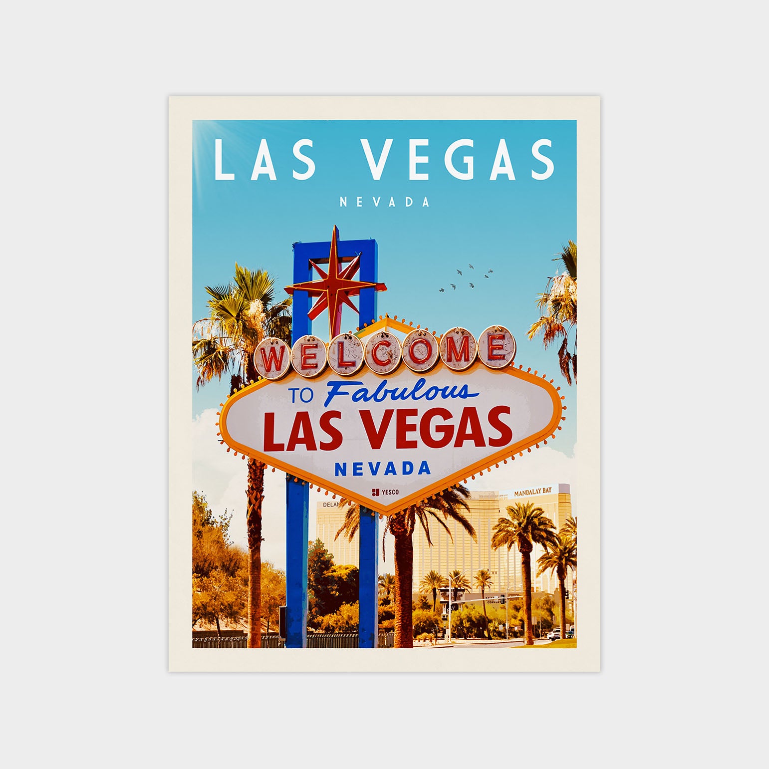The image is a poster or advertisement for Las Vegas, Nevada, featuring the iconic "Welcome to Fabulous Las Vegas" sign surrounded by palm trees and other cityscape elements.