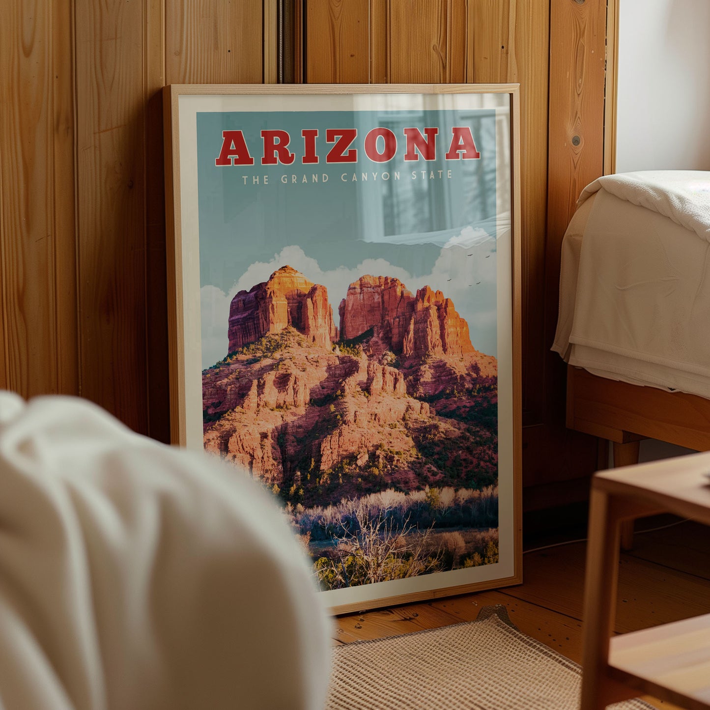 A framed poster of the Grand Canyon State of Arizona, featuring a scenic image of the iconic rock formations.