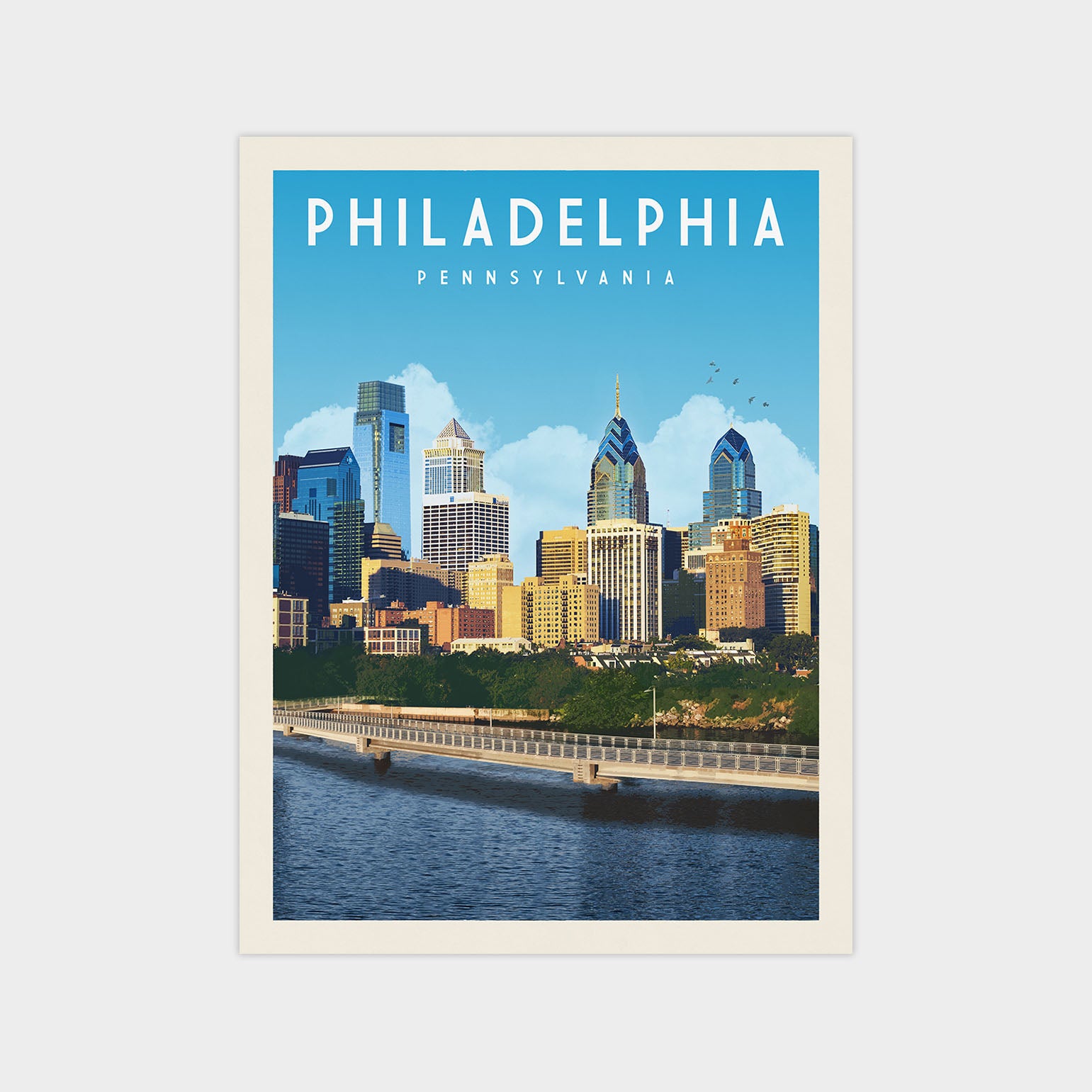 A poster of the Philadelphia skyline, featuring the city's iconic skyscrapers and landmarks, with a body of water in the foreground.