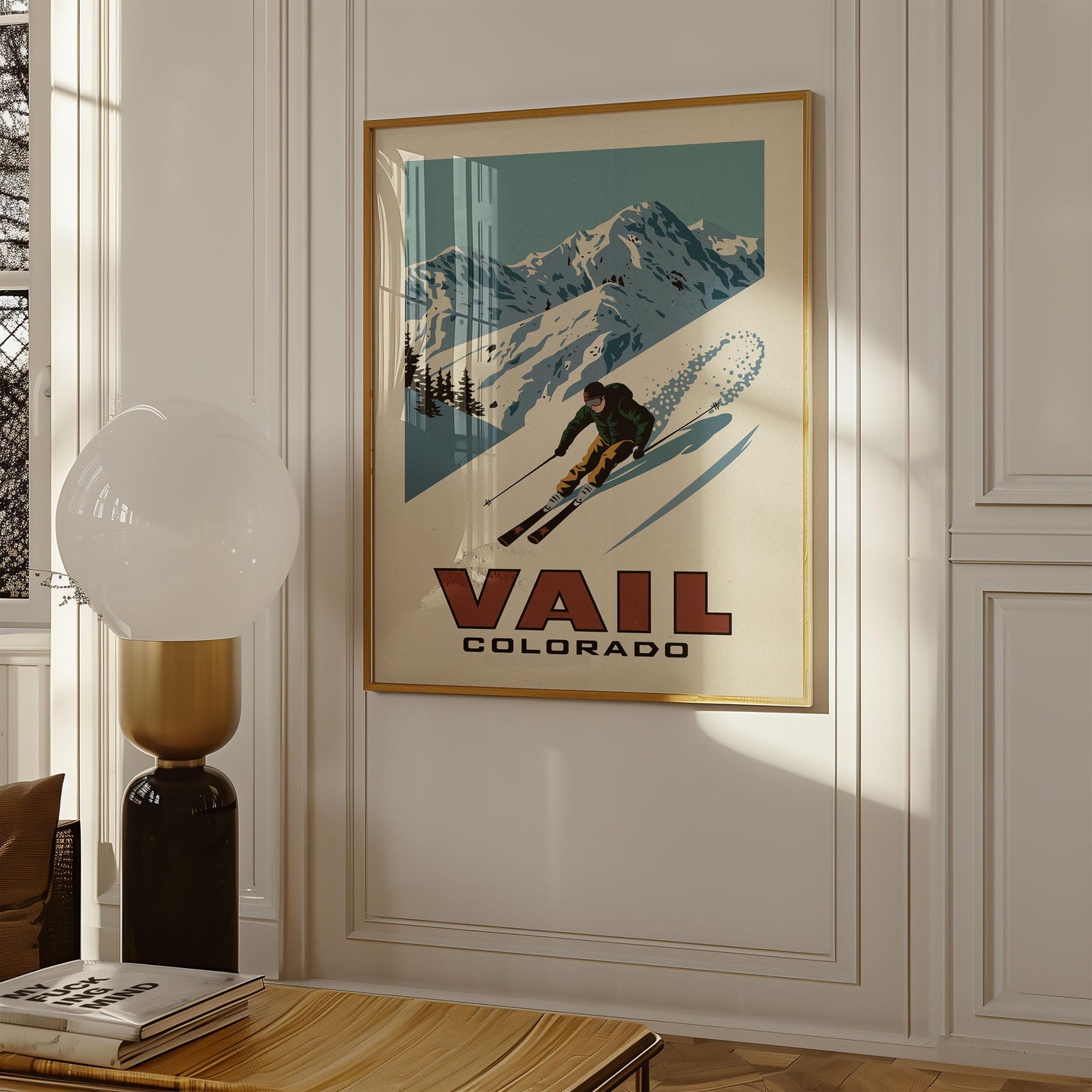 a poster of a skier is hanging on the wall
