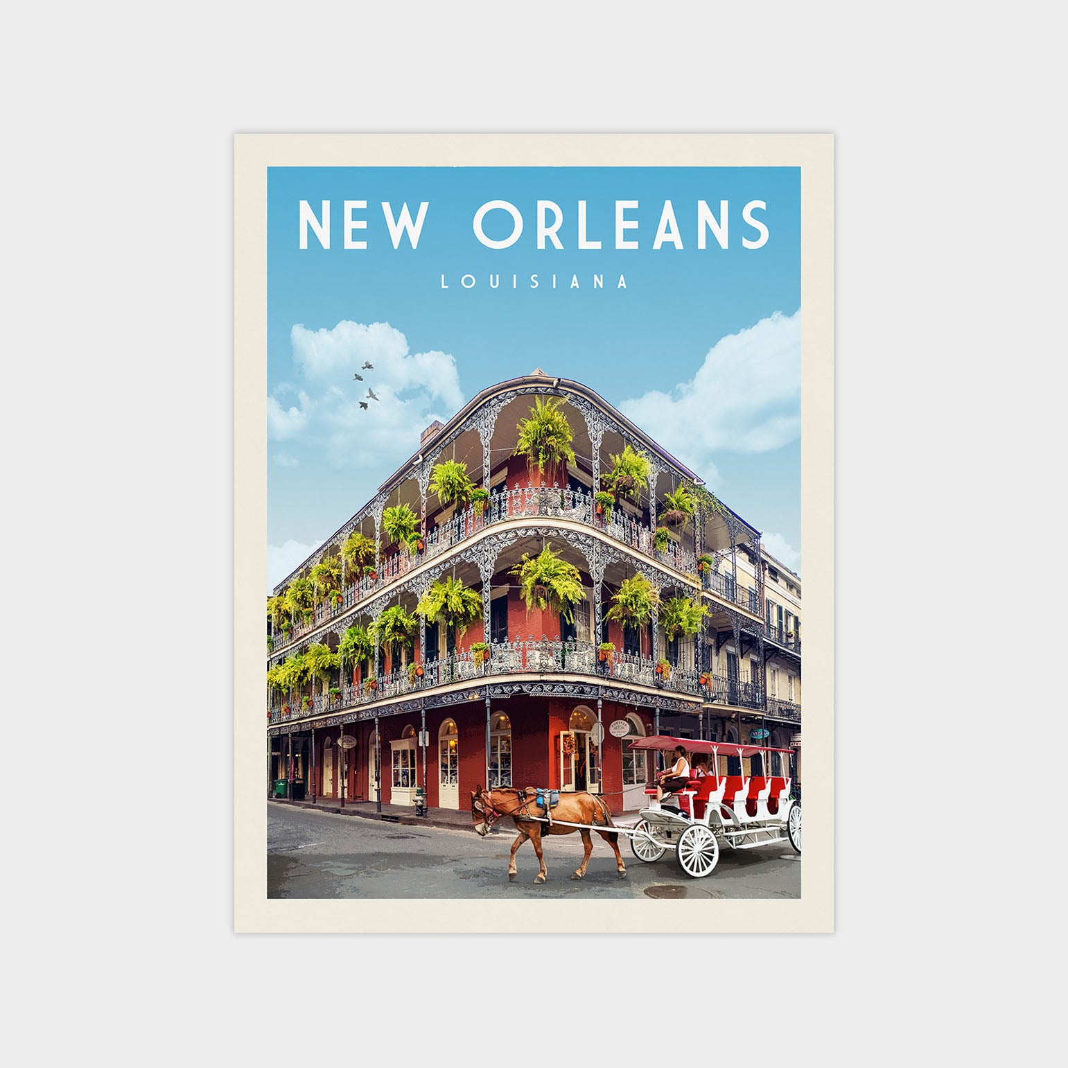 A vintage-style poster of New Orleans, Louisiana, featuring a horse-drawn carriage on a street with a large, ornate building with balconies and palm trees in the background.