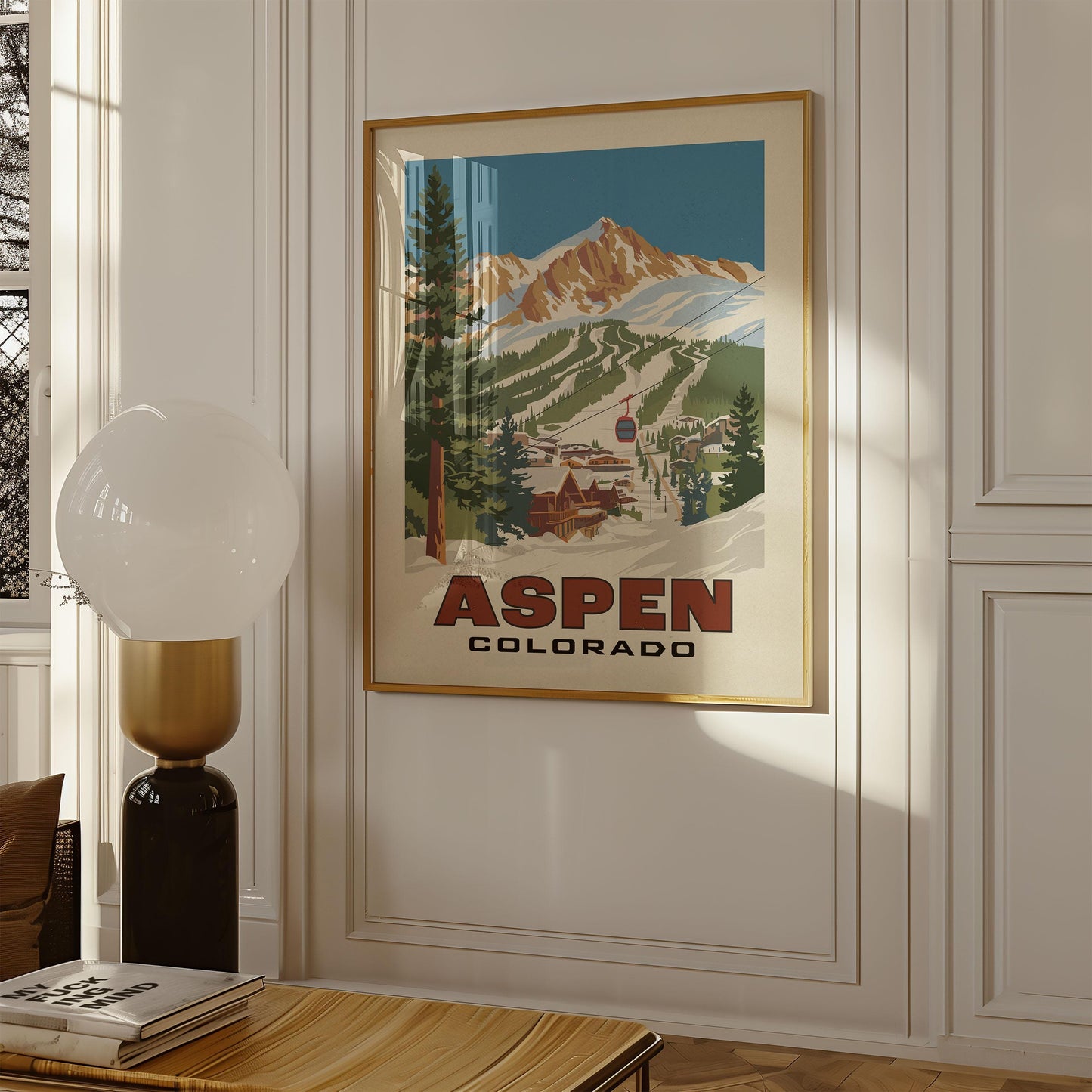 a poster hangs on the wall of a living room