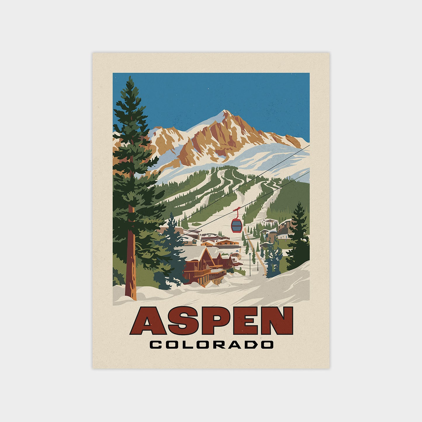 a poster of a ski resort with a mountain in the background
