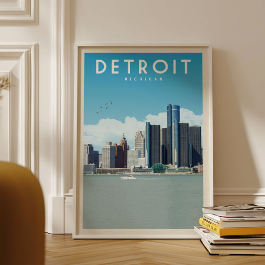 A framed poster of the Detroit skyline, with the text "Detroit, Michigan" prominently displayed.