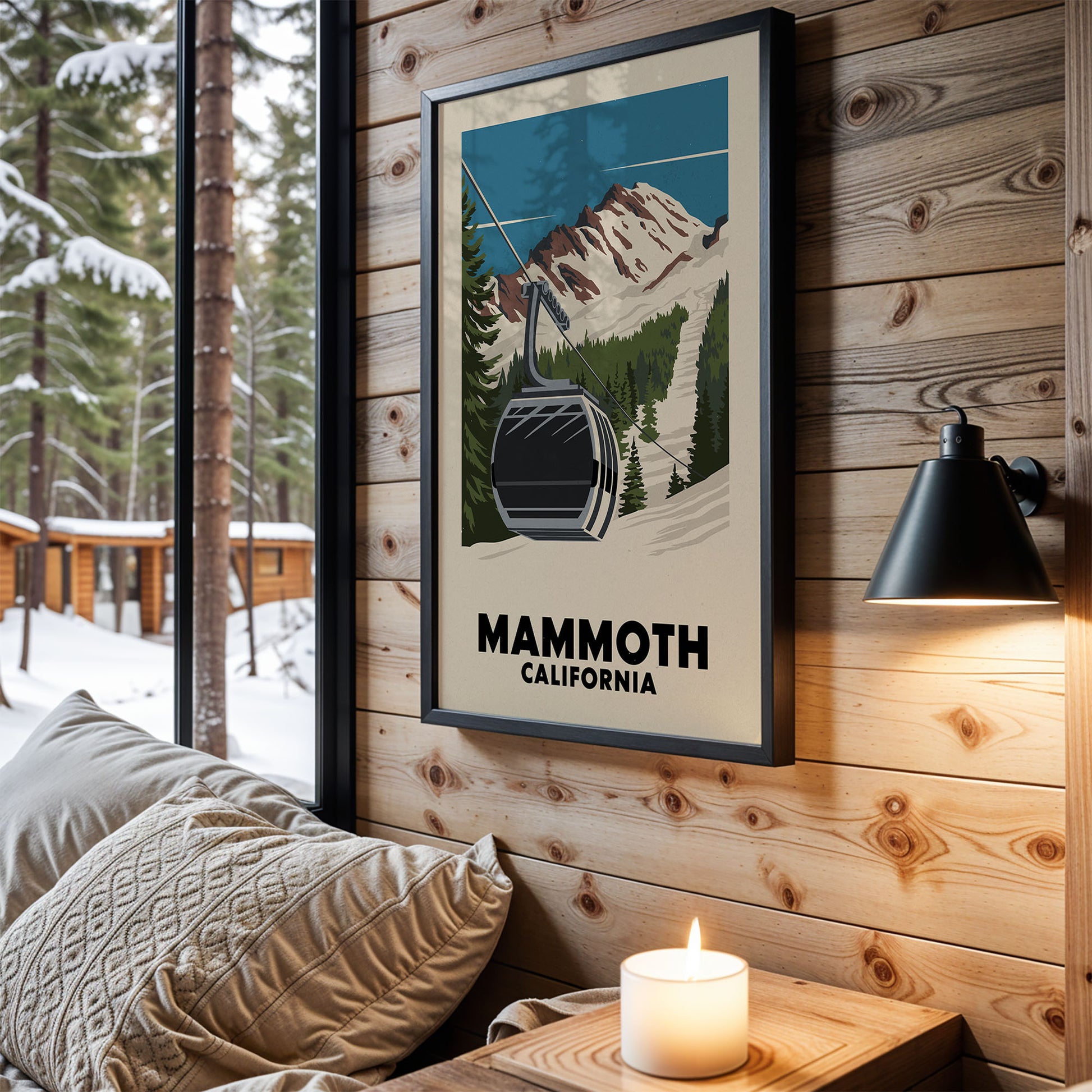 a framed poster of a ski lift in a snowy mountain landscape, hanging on a wooden wall.