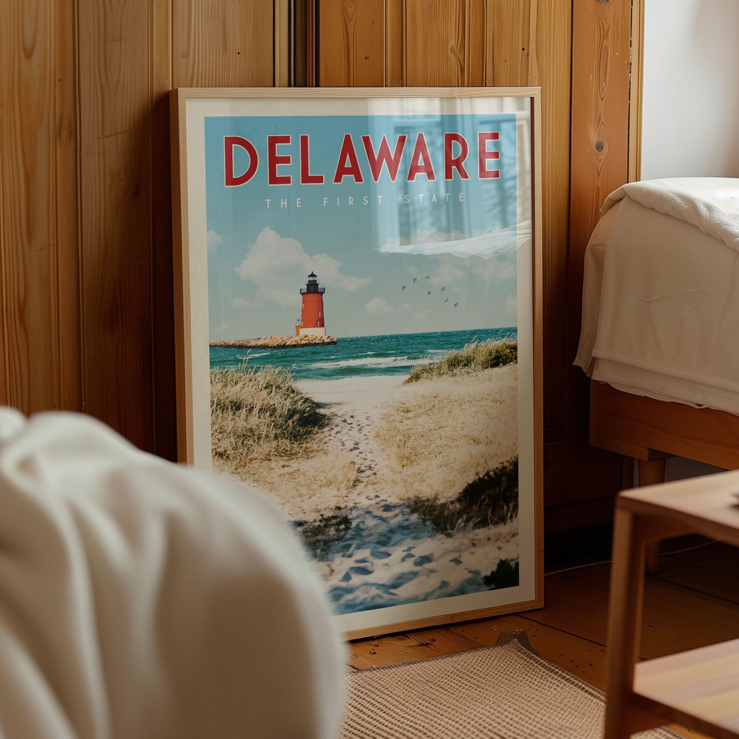 A framed poster of a lighthouse on a beach, with the text "DELAWARE THE FIRST STATE" prominently displayed.
