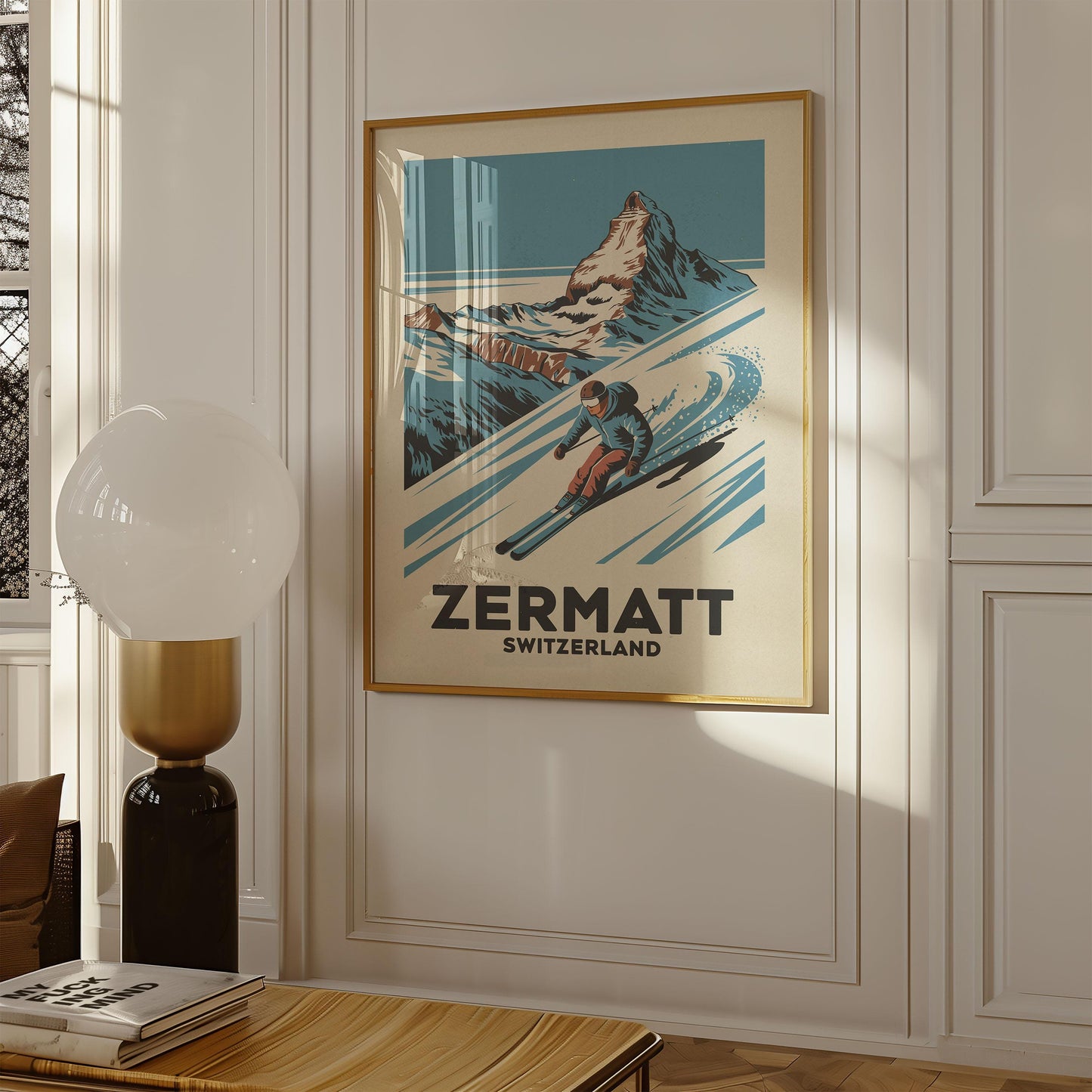 a poster hangs on the wall of a living room