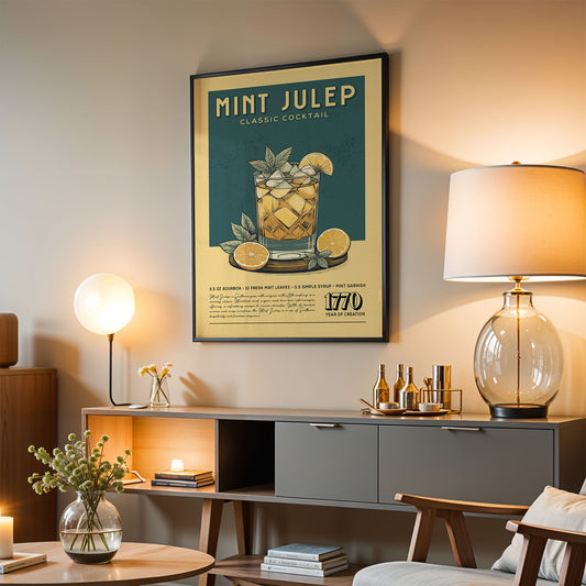 a framed poster of a mint julep cocktail hanging on a wall in a living room setting.