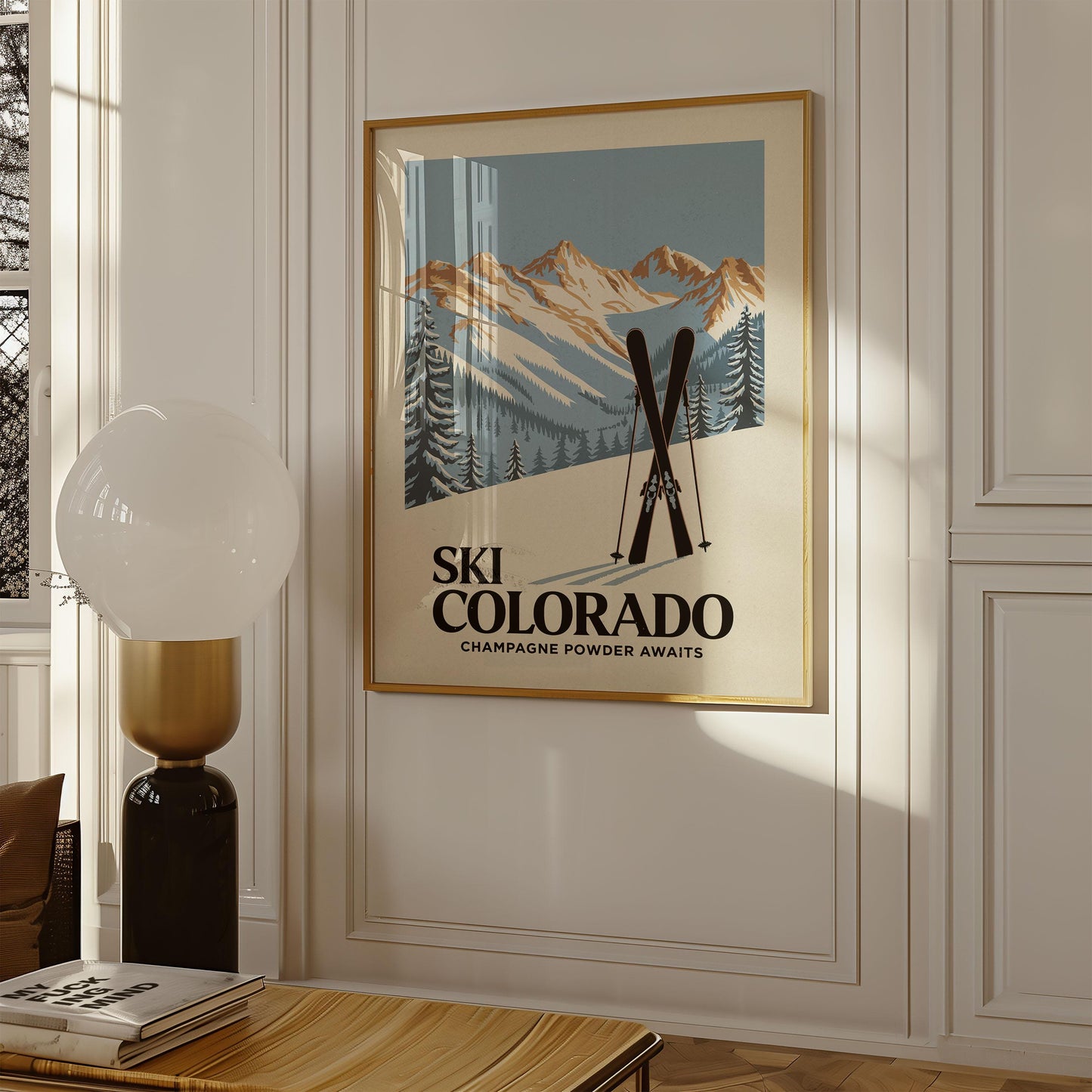 a ski poster hangs on the wall of a living room