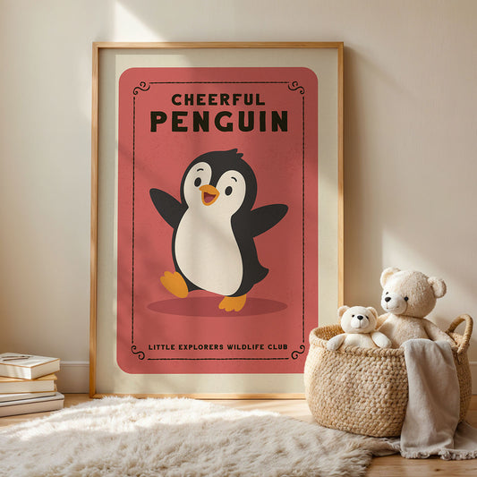 a framed poster of a cheerful penguin, with a basket of stuffed animals next to it on a rug.