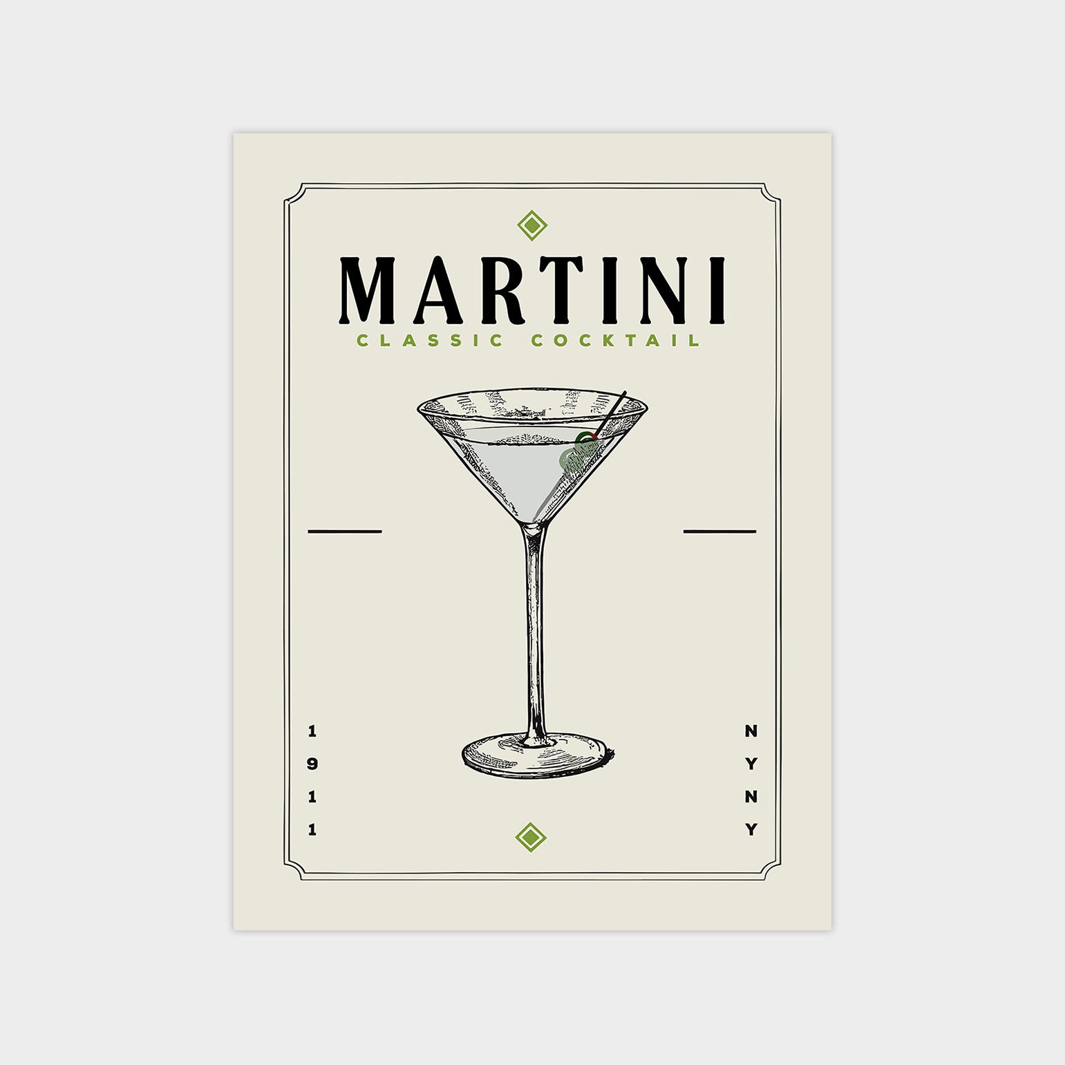 The image is a poster for a martini cocktail, featuring a detailed illustration of a martini glass with a lime wedge.