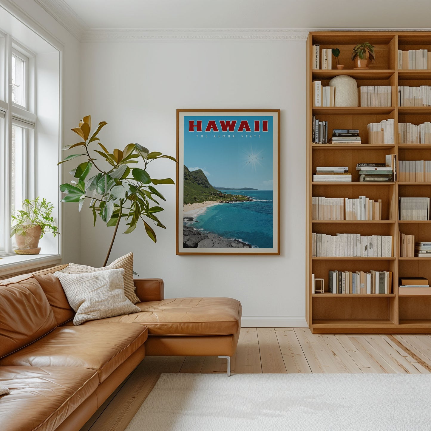 a cozy living room with a large bookshelf filled with books, a comfortable leather couch, and a framed poster of a beach scene hanging on the wall.