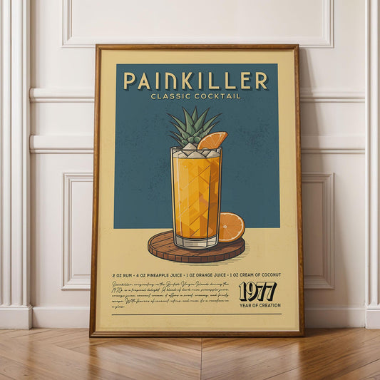 The image is a framed poster advertising a classic cocktail called "Pain Killer" with a picture of the drink and a list of ingredients.