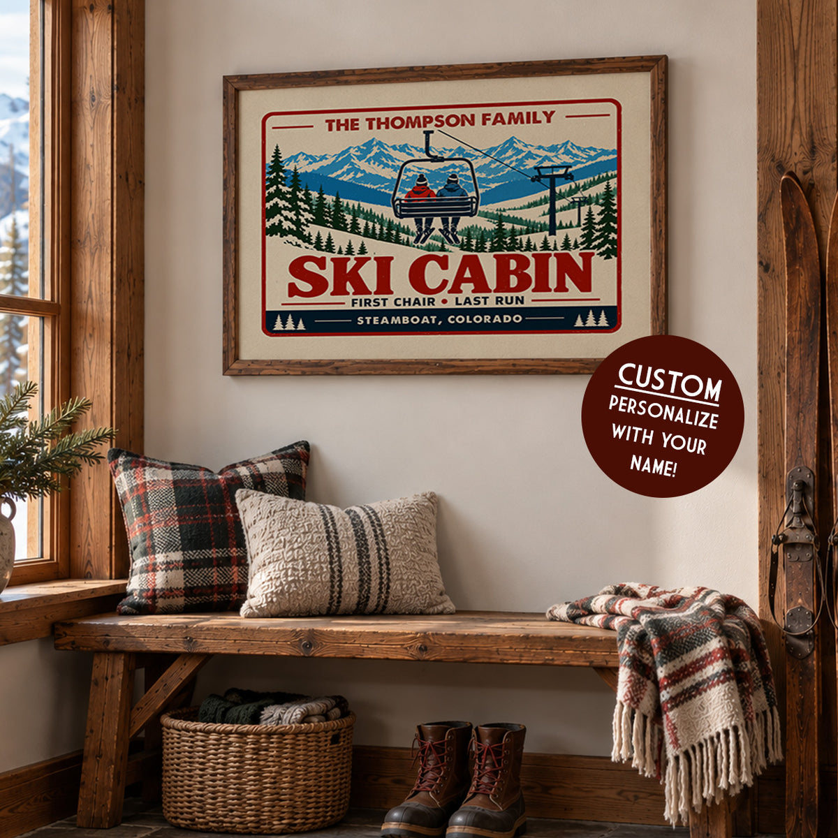 a cozy ski cabin interior with a framed poster of a ski lift and mountains on the wall, a wooden bench with a plaid pillow, and a basket of blankets and boots.