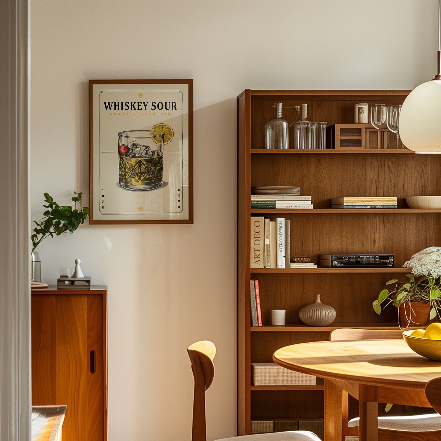 a cozy living room with a wooden bookshelf, a framed poster of a whiskey sour, a wooden cabinet, and a dining table with chairs.