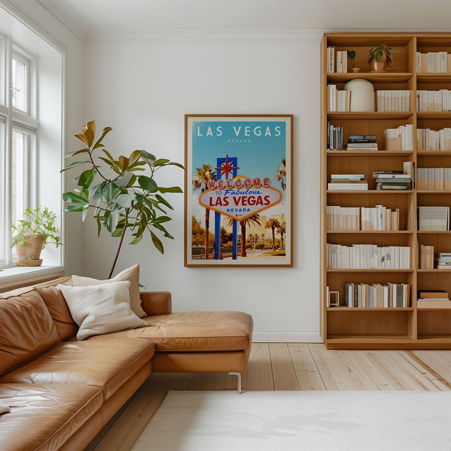 A cozy living room with a large window, a comfortable leather couch, and a framed poster of the Las Vegas Strip hanging on the wall.