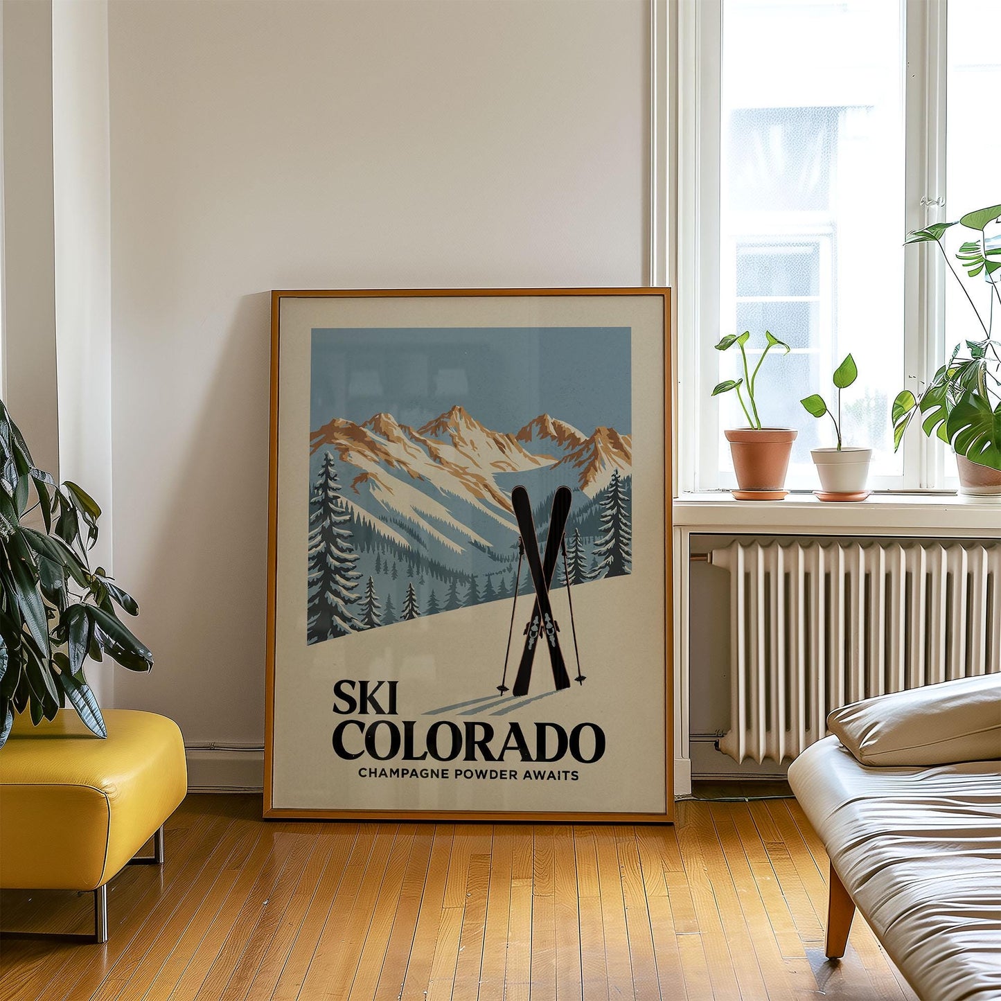 a ski poster hangs on the wall of a living room