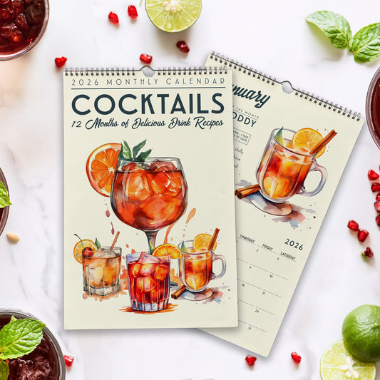 a calendar with a focus on cocktails and drink recipes, surrounded by various fruits and garnishes.