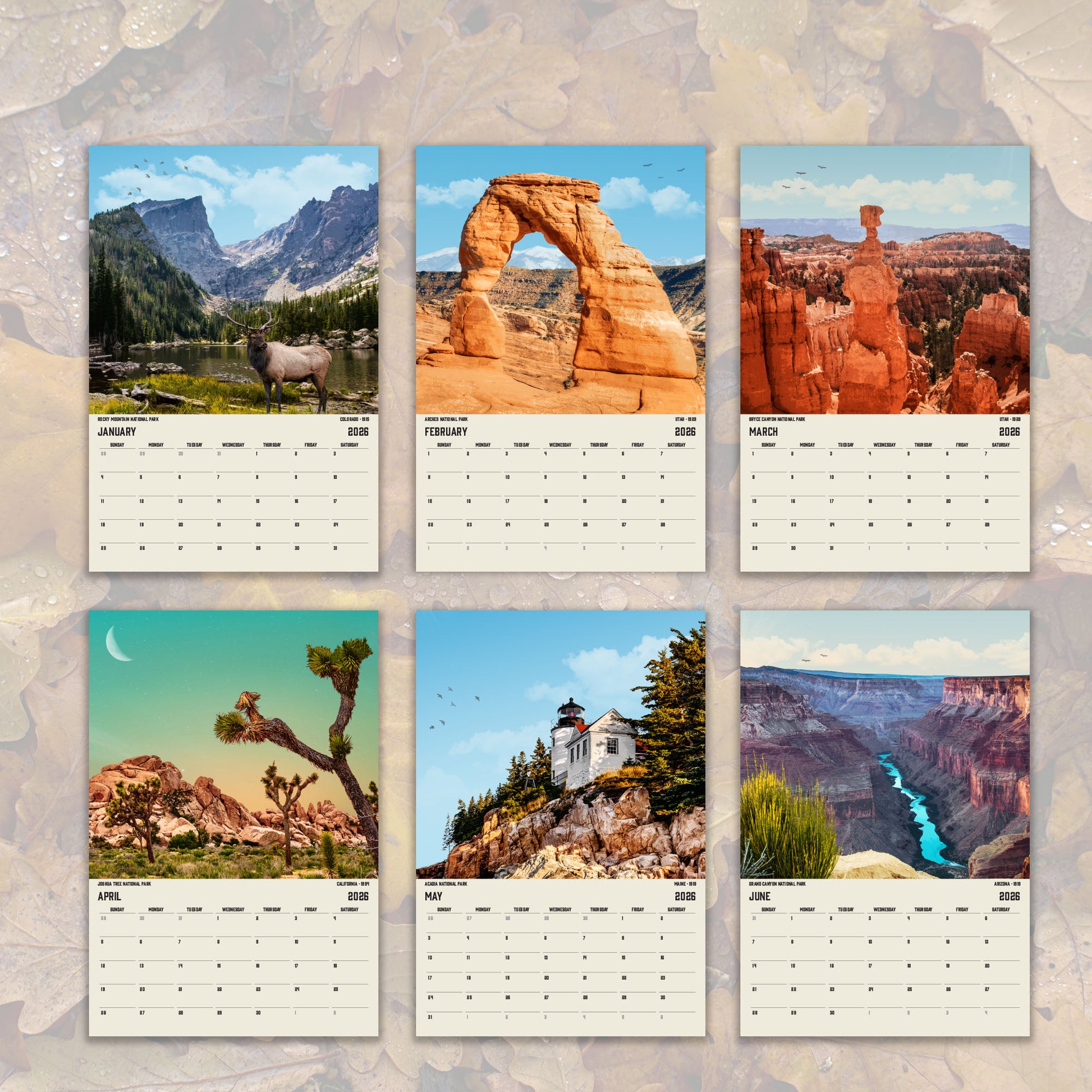 The image is a collage of six calendar pages featuring various scenic landscapes, including mountains, canyons, and desert scenes.