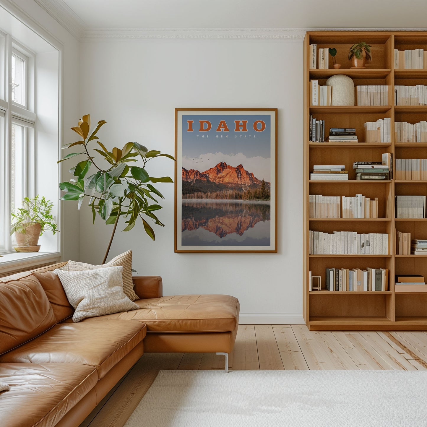 a cozy living room with a large window, a comfortable leather couch, a framed poster of Idaho mountains, and a bookshelf filled with books.