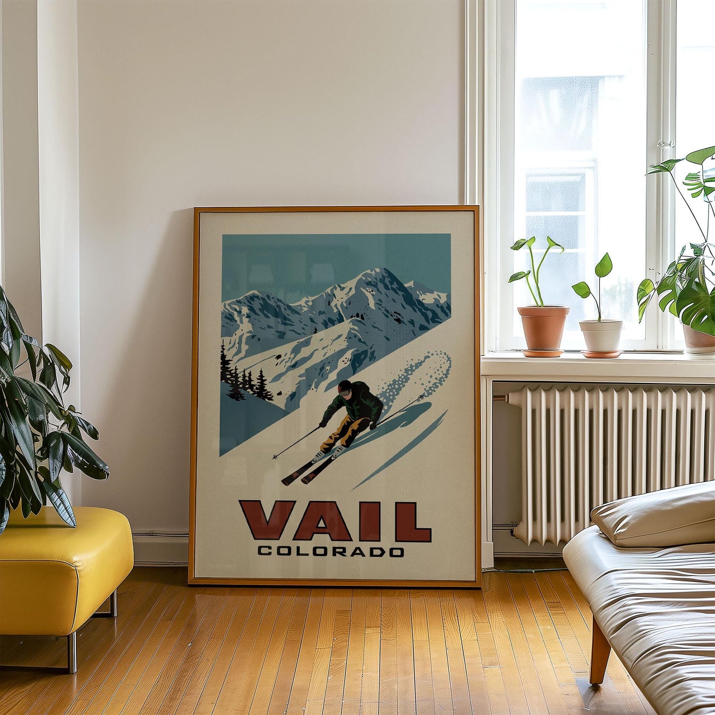 a poster of a skier skiing down a mountain
