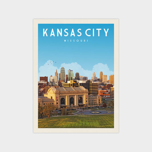 A poster of the Kansas City skyline, featuring the Grand Central Station and surrounding buildings, with a clear blue sky in the background.