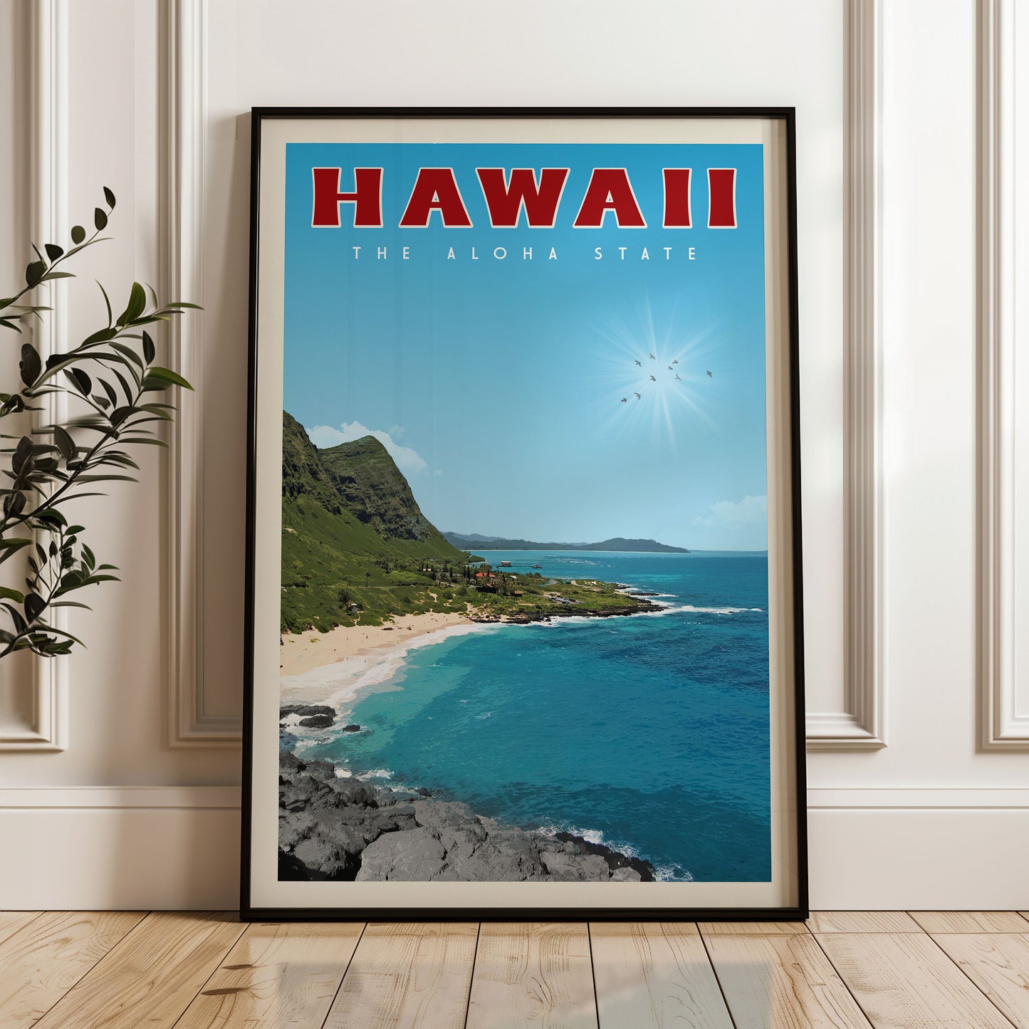 A framed poster of a scenic beach and ocean view in Hawaii, with the text "HAWAII THE ALOHA STATE" prominently displayed.