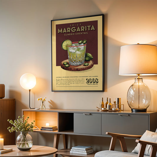 a framed poster of a Margarita cocktail hanging on a wall in a living room setting.