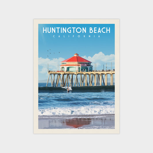 A vintage-style poster of Huntington Beach, California, featuring a red-roofed pier with a building and a surfer in the water.