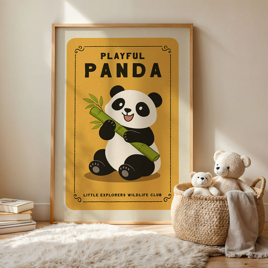 a framed poster of a panda holding bamboo, with a basket of stuffed teddy bears next to it.