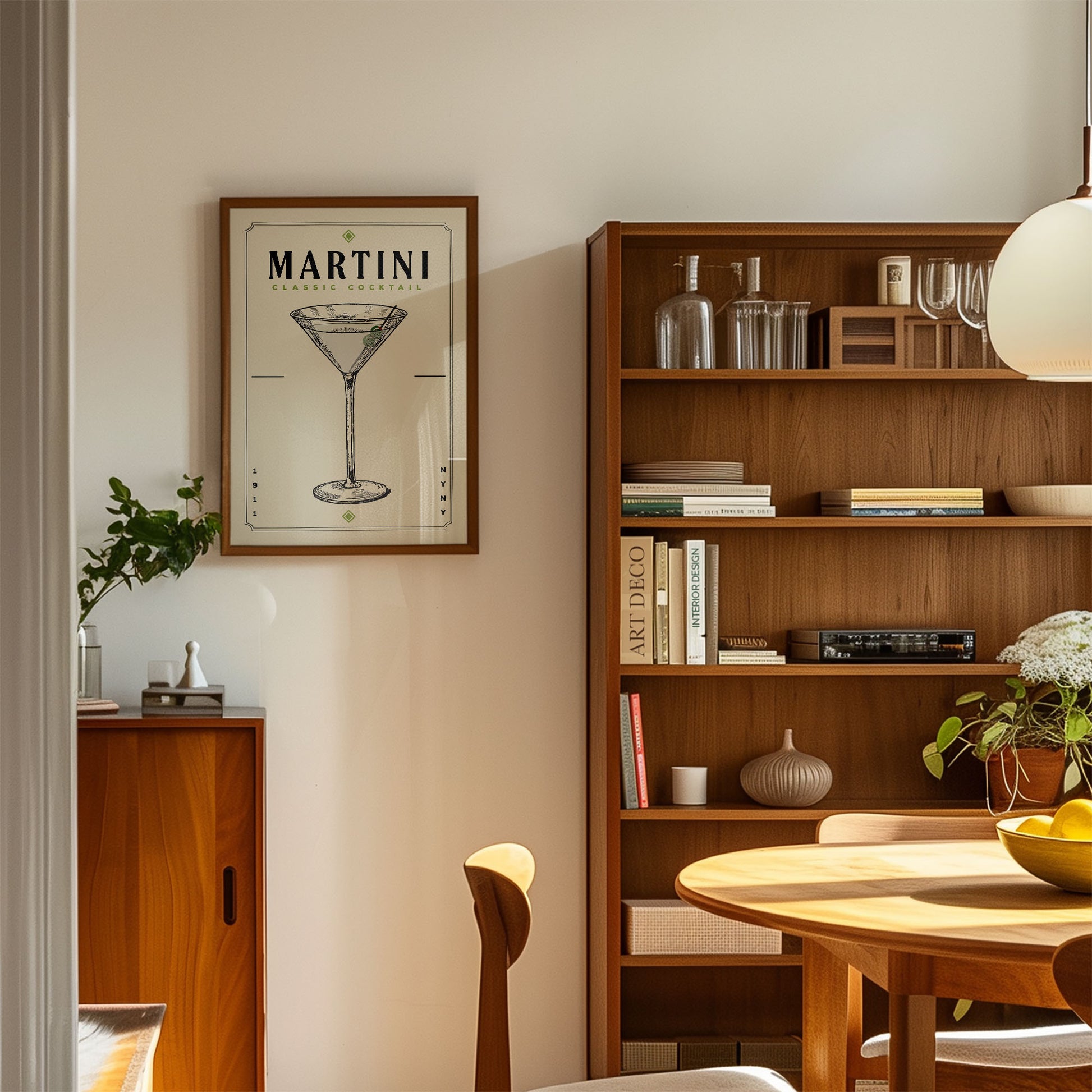 a cozy living room with a wooden bookshelf, a framed poster of a martini glass, and a wooden cabinet. The room has a warm and inviting atmosphere, with a dining table and chairs in the foreground.
