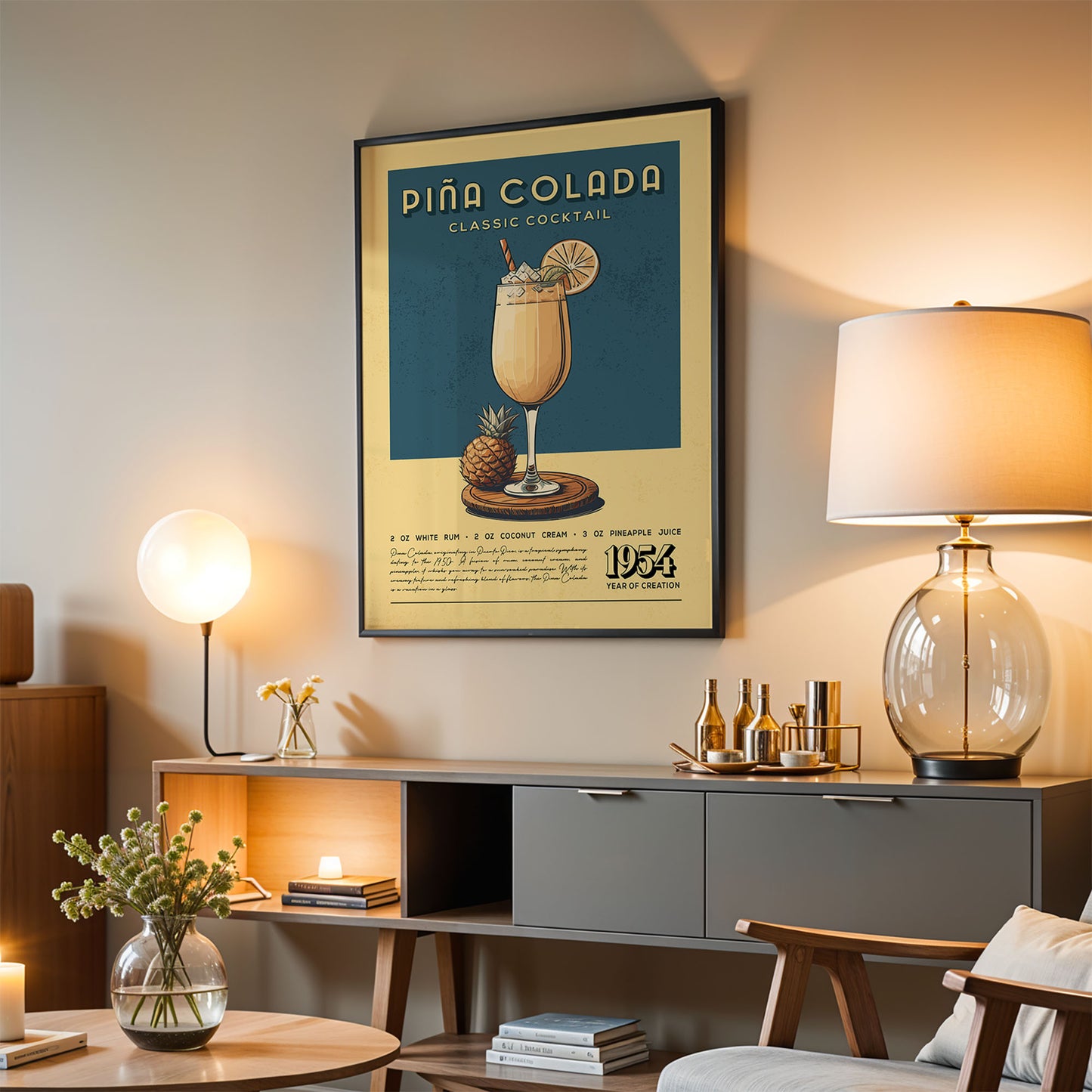 a poster of a classic cocktail called Pina Colada, which is displayed on a wall in a living room setting.
