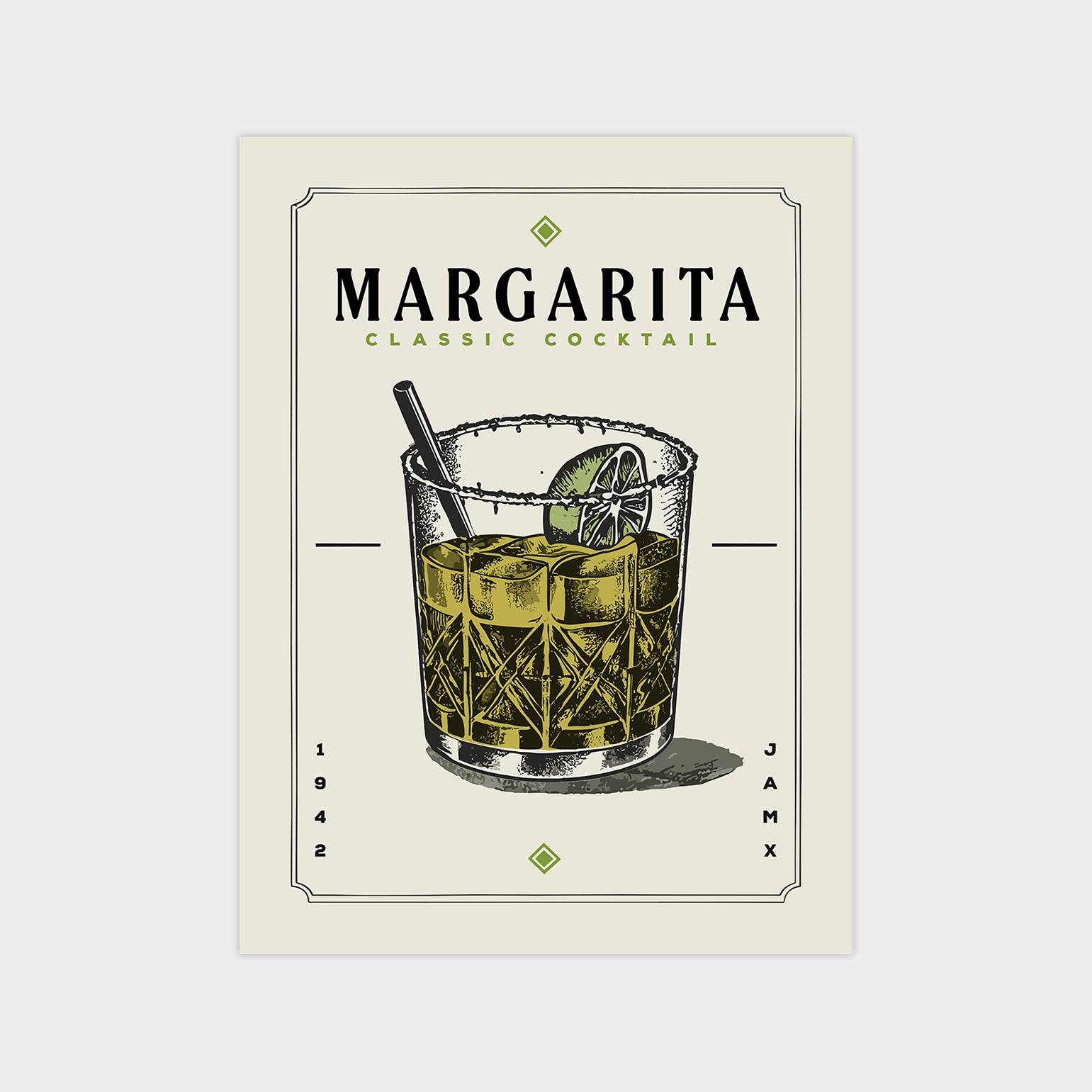 The image is a graphic design of a Margarita cocktail, featuring a glass filled with the drink and garnished with a lime slice.