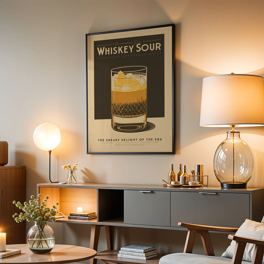 a living room with a framed poster of a whiskey sour on the wall, a wooden sideboard with various items, and a lamp on a table.