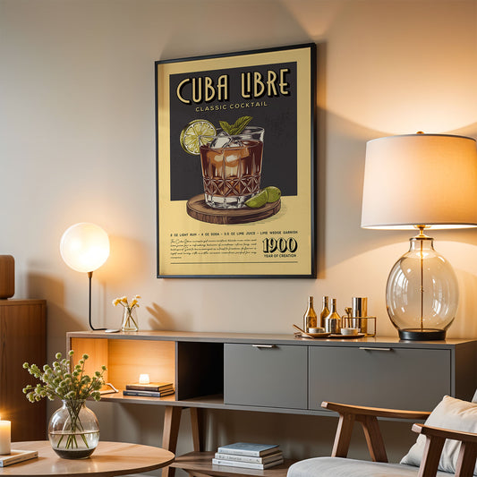 a poster of a classic Cuban cocktail hanging on a wall in a living room setting.