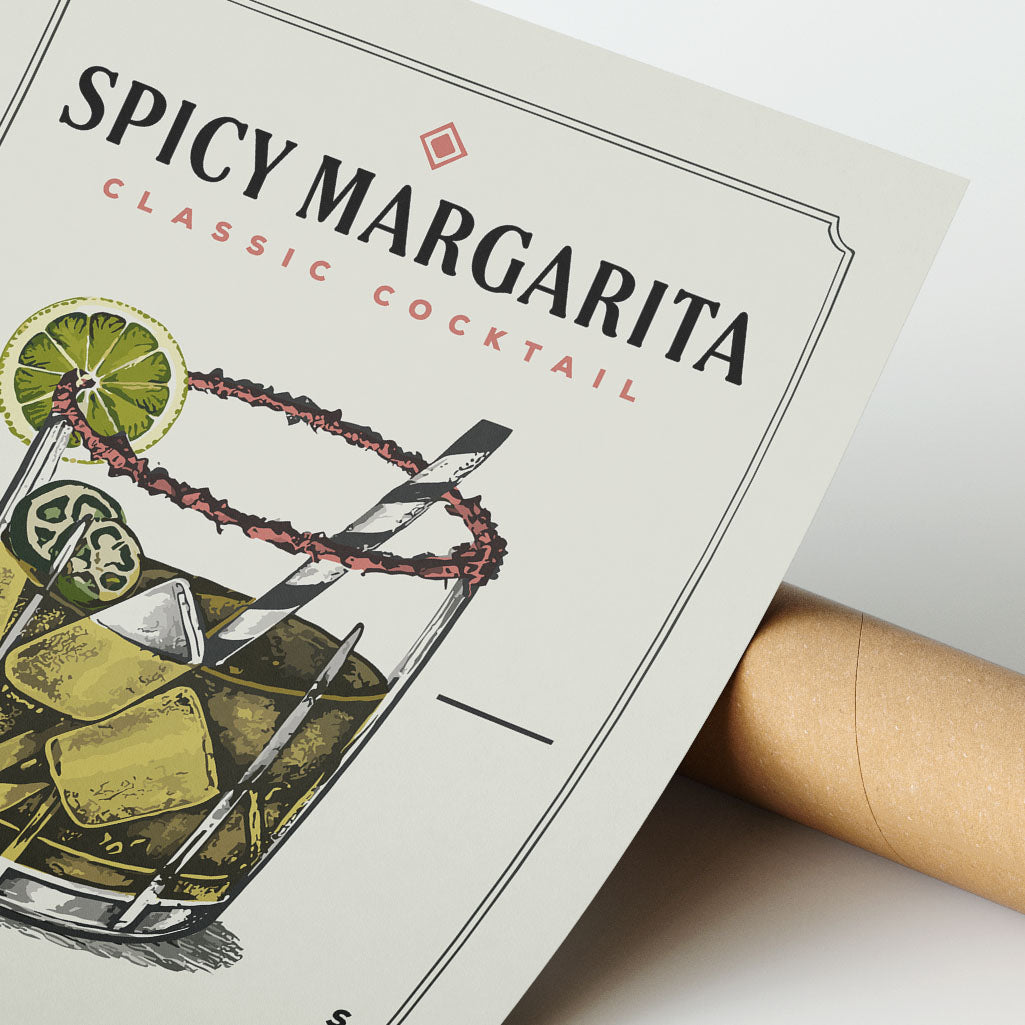 a close-up of a cocktail menu or advertisement for a spicy margarita cocktail.