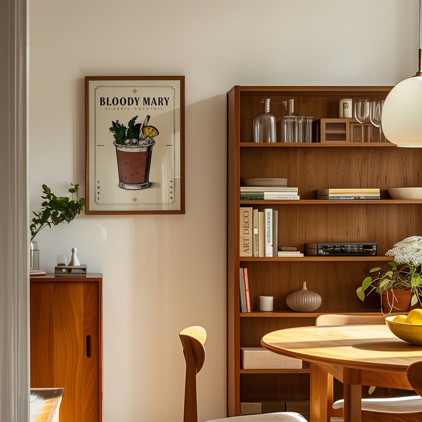 a cozy living room with a wooden bookshelf, a framed poster of a Bloody Mary cocktail, and a wooden cabinet.