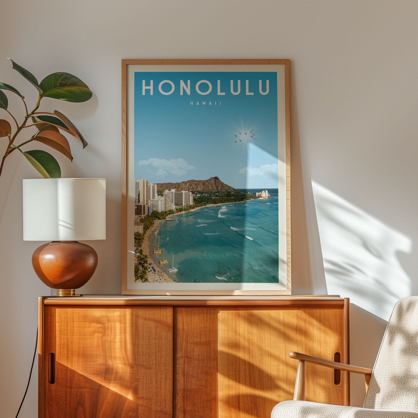 a framed poster of Hawaii, with a view of the ocean and mountains, hanging on a wall next to a lamp and a wooden cabinet.