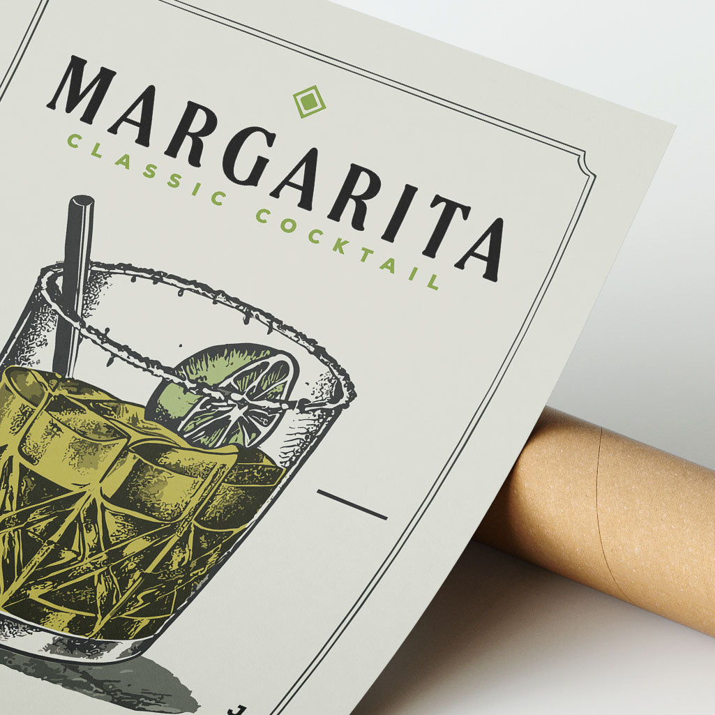 a close-up of a cocktail glass with a lime wedge, accompanied by the text "MARGARITA CLASSIC COCKTAIL" on a poster or label.