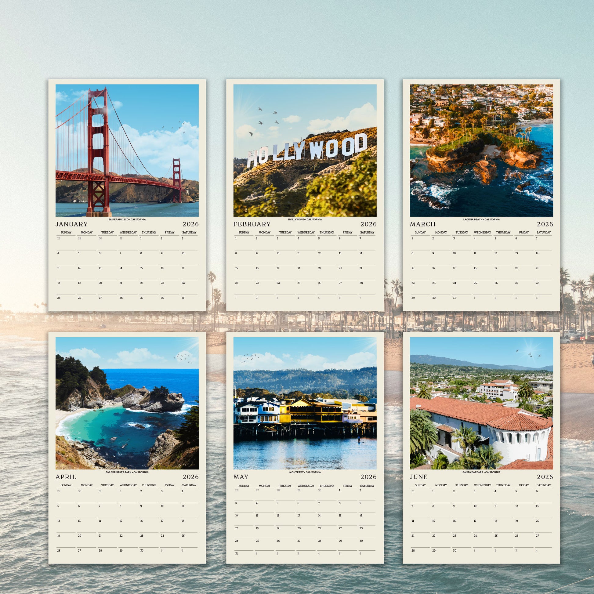 The image is a collage of six calendar pages featuring various scenic locations, including the Golden Gate Bridge, Hollywood, and a beach.