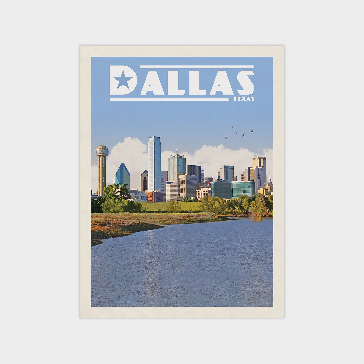 A poster of the Dallas skyline with the city's iconic landmarks, including the Space Needle, against a backdrop of a body of water and a blue sky with a few clouds.