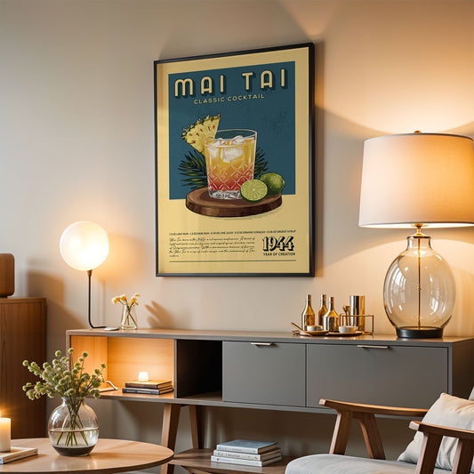 a framed poster of a classic cocktail, hanging on a wall in a living room setting.