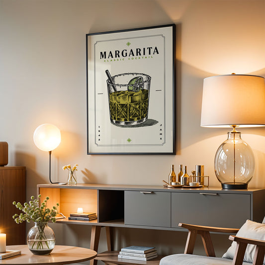 a framed poster of a Margarita cocktail hanging on a wall in a living room setting.